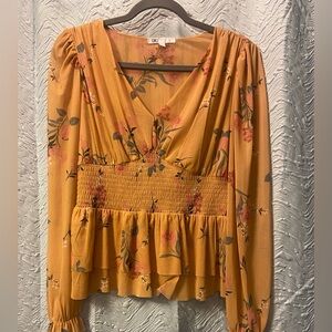 DR2 Mustard Floral Smocked Peplum Blouse